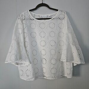 New York & Company White Eyelet Blouse Womens XL Bell‎ Sleeve Cotton